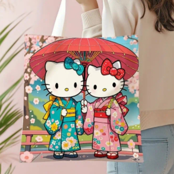 Hello Kitty Handbags - Hello Kitty Tote Bag - Pink and Green Kimono Design With Cherry Blossoms